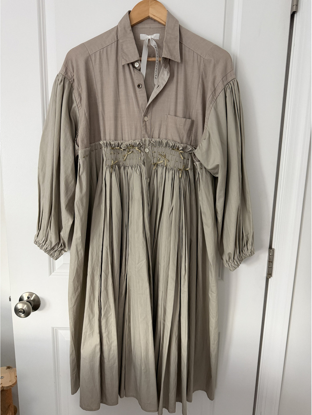 Unique Two-Tone Pleated Midi Dress with Smocked Waist Detail